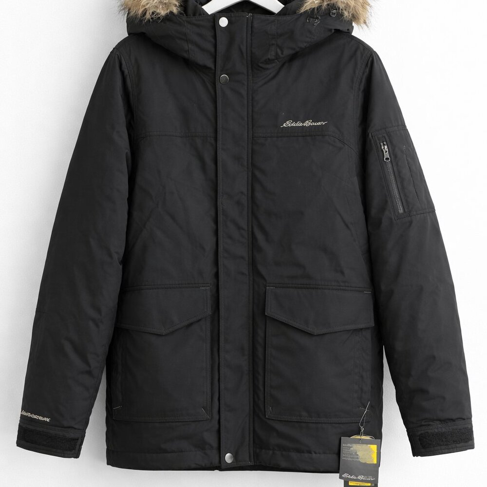 Eddie Bauer Black Winter Parka w/ Faux Fur Hood – NWT with small cut